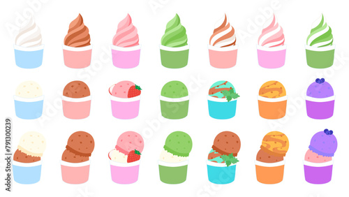 カップに入った色々な味のソフトクリームとアイスクリーム。フラットなベクターイラストセット。
Ice cream and soft serve in various flavors in cups. Flat vector illustration set.