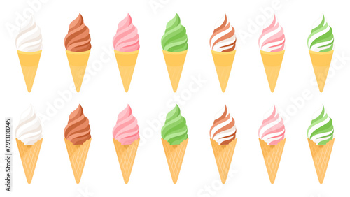 色々な味のソフトクリーム。フラットなベクターイラストセット。
Soft serve ice cream in various flavors. Flat vector illustration set.