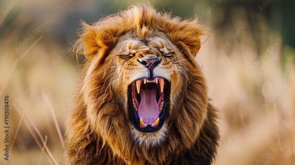 Fototapeta premium A roaring lion with a golden brown mane, set against a blurred background in a wildlife photography style, conveying the ideas of power, ferocity, and wilderness.