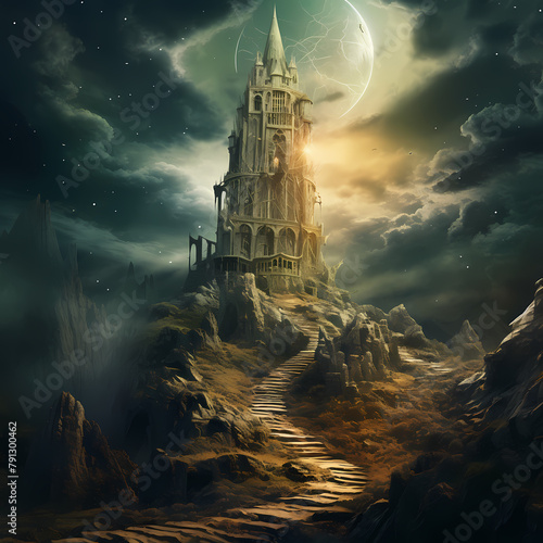 Ancient wizards tower in a mystical landscape. 