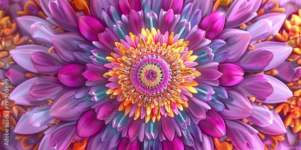 Obraz premium vibrant detailed 3D rendering of a purple pink yellow orange flower in full bloom with a mesmerizing spiral pattern of petals