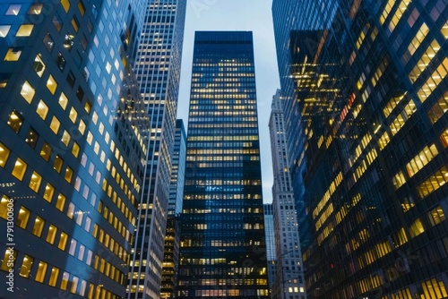 Modern office building windows lit in evening night early morning long working hours exhaustion overtime exterior urban architecture skyscraper lights tower financial sector banking hq headquarters