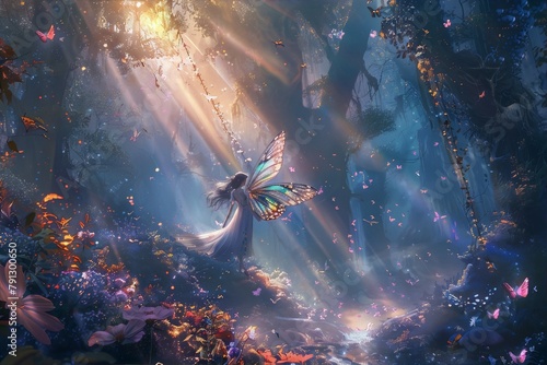 Mystical ethereal nymph with iridescent wings stands amidst an enchanted ethereal grove bathed in dappled sunlight in the heart of a surreal dreamlike forest photo