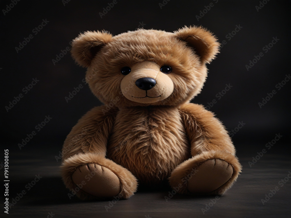 A cute and cuddly teddy bear is sitting on a dark background The bear has light brown fur and a friendly expression on its face A cute and cuddly teddy bear is sitting on a dark background The bear has light brown fur and a friendly expression on its face