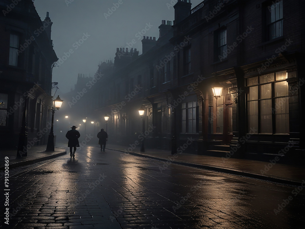 A dark and foggy street in a Victorian city The gas lamps are lit and the street is empty except for a few people walking in the distance