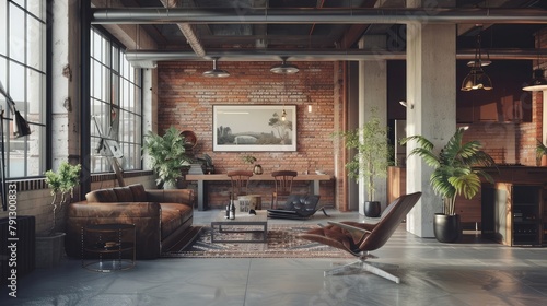 A modern urban loft with industrial-chic design elements, featuring exposed brick walls, polished concrete floors, and sleek metal fixtures, creating a stylish  © sania
