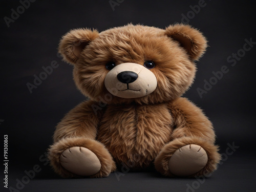 A cute and cuddly teddy bear is sitting on a dark background The bear has light brown fur and a friendly expression on its face © Muhammad