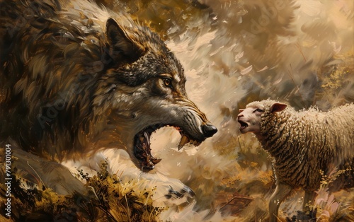 Wolf and sheep confrontation painting brown gray tones predator prey conflict concept.
