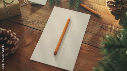 Blank mockup of a pencil lying on a wooden desk with tered paper and office supplies. . photo