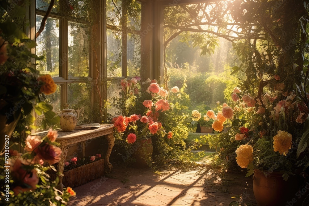 Morning Sunlight: Capture the garden decor illuminated by the soft morning sunlight.