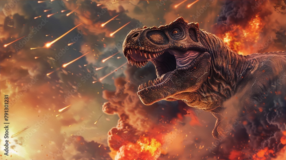 Fototapeta premium Fiery Dinosaur Extinction Event: Brown T-Rex orange fire apocalyptic scene. 