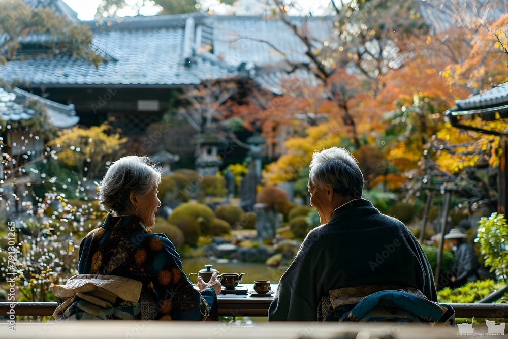 Senior Couple Immersed in the Tranquil Elegance of a Traditional Kyoto Tea Ceremony Surrounded by Serene Gardens and Ancient Architecture