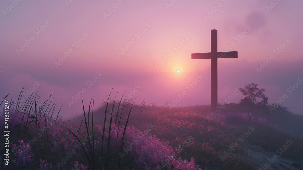 A cross is on a hillside with a purple sky in the background A cross is on a hillside with a purple sky in the background