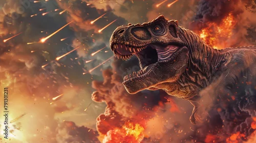 Fototapeta Fiery Dinosaur Extinction Event: Brown T-Rex orange fire apocalyptic scene.
