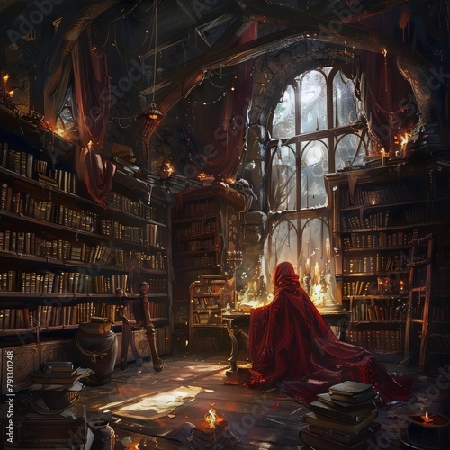 A cloaked figure studies forbidden magic in a candlelit library full of arcane books and scrolls.