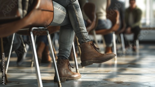 Person is sitting in chair with their legs crossed and wearing brown boots photo