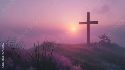A cross is on a hillside with a purple sky in the background