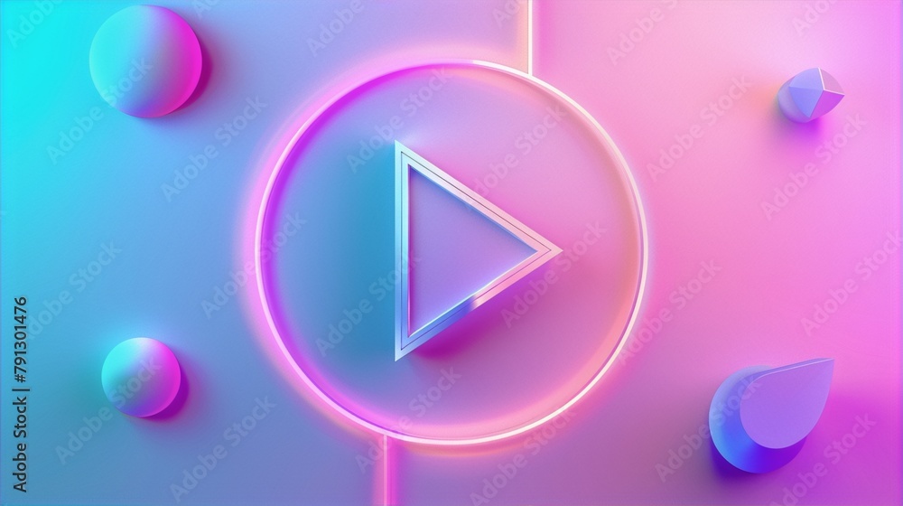 Abstract pastel play button neon light vibrant pink blue background modern design concept.
