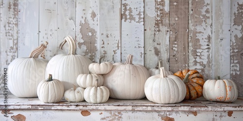 White pumpkins and gourds of various sizes sit on a rustic wooden table against a peeling whitewashed fence creating a simple, yet, elegant still life. photo