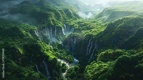 A serene meandering river cutting through a verdant valley, flanked by towering cliffs adorned with cascading waterfalls, creating a picturesque landscape of natural beauty. photo