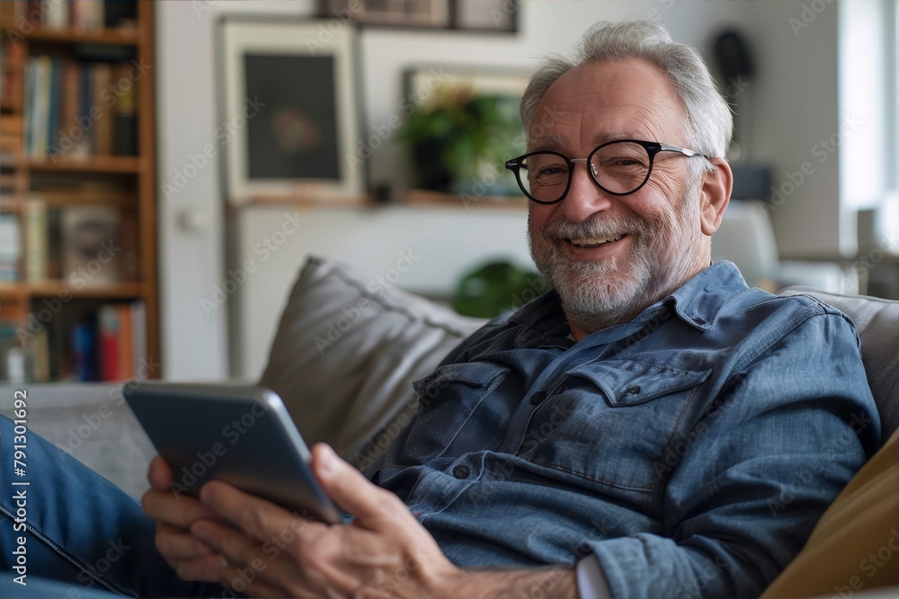 Smiling senior man relaxing on couch at home using tablet