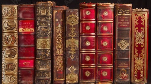 ornate antique leather book spines in red and gold, with elaborate gold tooling, conveying a sense of history, knowledge, and luxury.