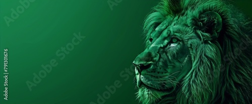 Green majestic lion face in profile with glowing eyes on dark green background, digital art photo