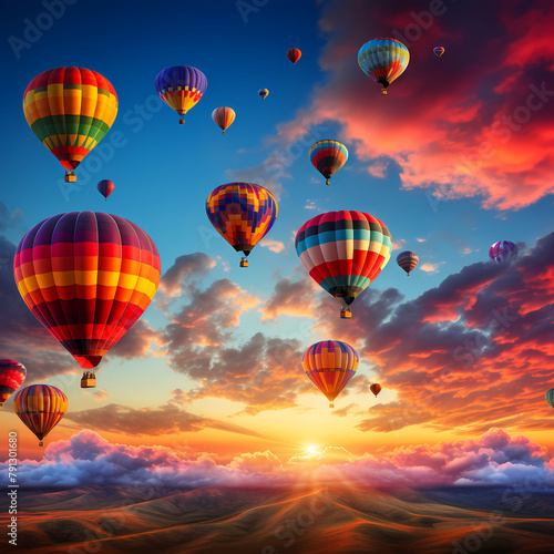 Colorful hot air balloons against a sunrise sky. © Cao