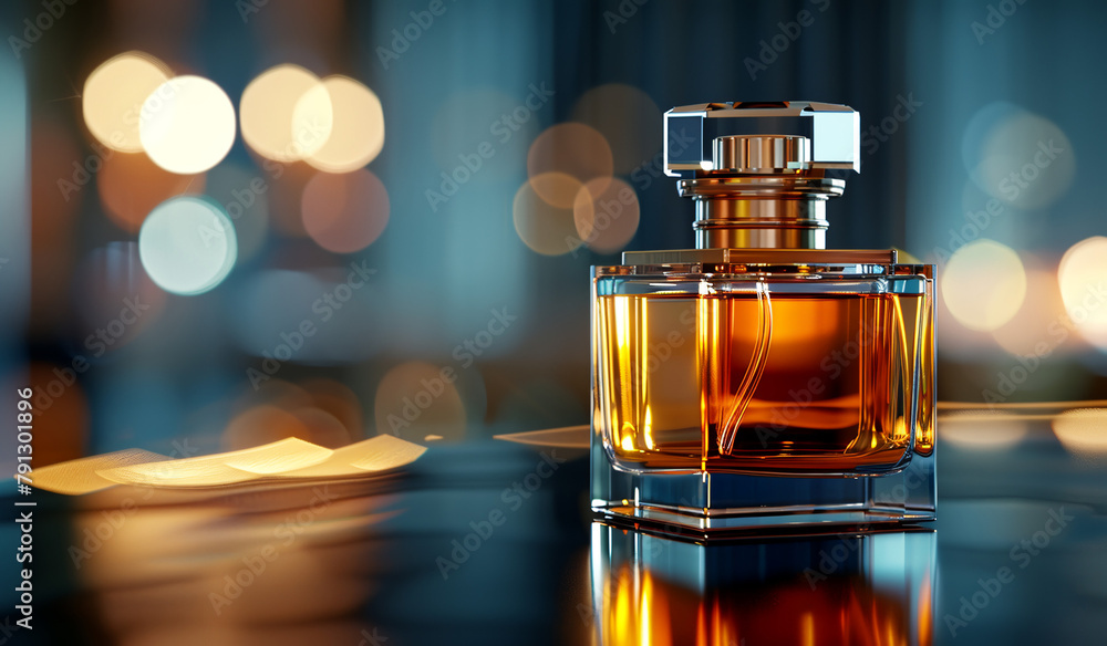 A bottle of perfume sitting on a table. Generative AI A bottle of perfume sitting on a table. Generative AI