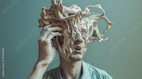 Unrecognizable man face covered with a melting white putty in front of blue background, surrealism, 3D rendering photo