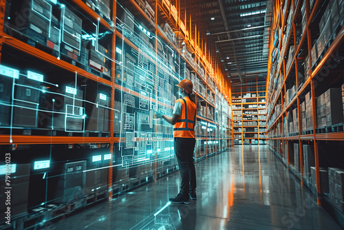 Futuristic Technology Retail Warehouse: Worker Doing Inventory Walks when Digitalization Process Analyzes Goods, Delivery Infographics in Logistics, Distribution Center. photo