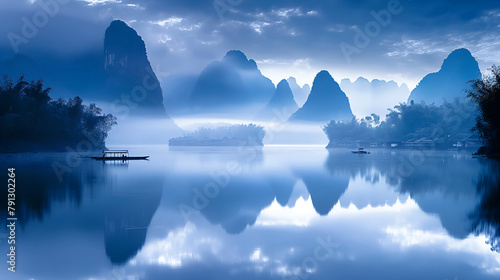 A Journey Through Enchantment: Bamboo Rafts Drift on Li River's Mirror Image