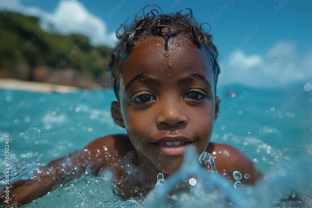 A young boy is swimming in the ocean with his head above the water. He is smiling and looking at the camera. World oceans day concept. A young boy is swimming in the ocean with his head above the water. He is smiling and looking at the camera. World oceans day concept.
