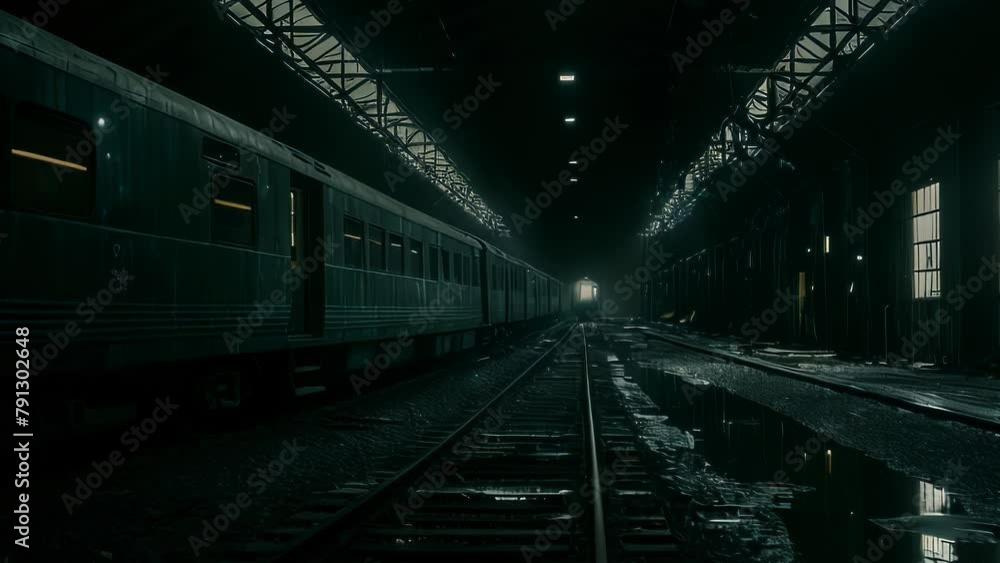 Video animation of train station at night, characterized by a tranquil atmosphere. A single train rests on the tracks, bathed in the soft glow of its own lights. The station’s architecture Video animation of train station at night, characterized by a tranquil atmosphere. A single train rests on the tracks, bathed in the soft glow of its own lights. The station’s architecture
