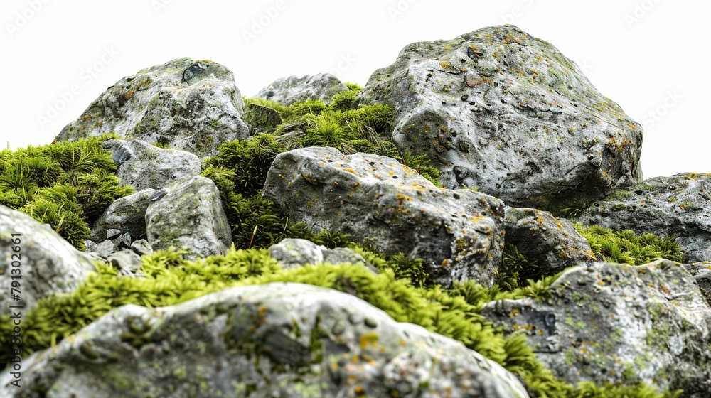 Rocks Covered by Moss Isolated on White Background. Stone Rock with Plant
