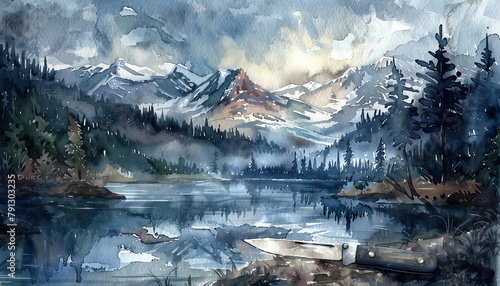 Craft a detailed watercolor long shot of a multi-tool/knife, showcasing its practicality in a picturesque setting Include elements like a mountain hike or a forest camp.