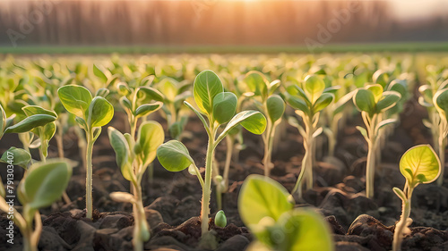 Close-up tender first sprouts of soybean in the open field. Agricultural plants. The soybean plant stretches towards the sun. photo