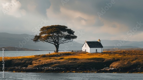 White cottage next to a lone tree at the sea