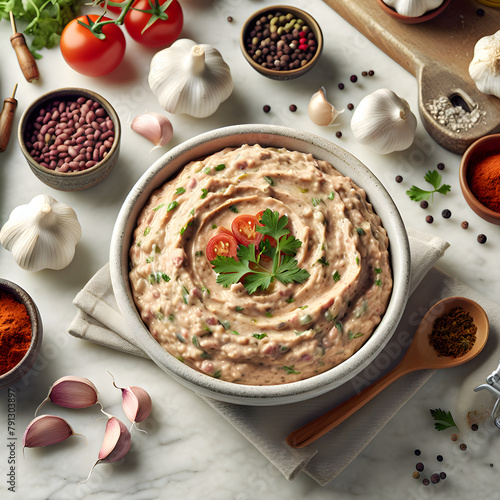 Bigilla Bean Dip on Marble Counter with Herbs