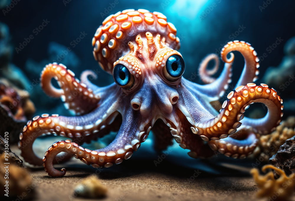 Octopus Squirming Through a Reef in the Ocean. Generative AI Octopus Squirming Through a Reef in the Ocean. Generative AI