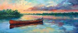 Depict the picturesque side view of kayaking in a serene setting Highlight the elegant canoe gliding on glassy waters, reflecting the vibrant sky above.