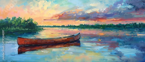 Depict the picturesque side view of kayaking in a serene setting Highlight the elegant canoe gliding on glassy waters, reflecting the vibrant sky above.