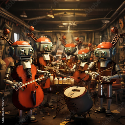 Robot orchestra playing instruments in harmony.