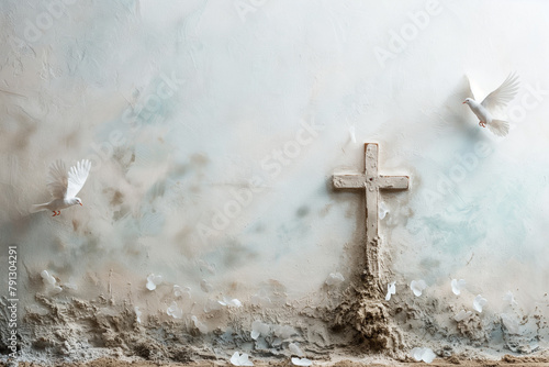 A cross is on a wall with two white birds flying in the background