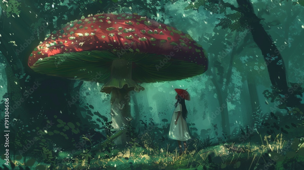 Fototapeta premium Anime girl explores magical mushroom forest