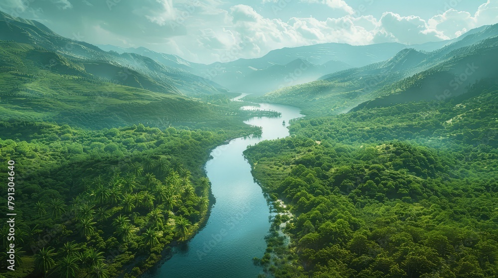 An aerial view of a winding river cutting through a lush, green valley. The water reflects the blue of the sky, creating a stunning contrast with the surrounding vegetation. 