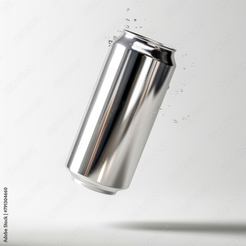 A silver can of soda is flying through the air A silver can of soda is flying through the air