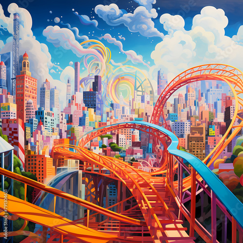 Roller coaster weaving through a vibrant city.  © Cao