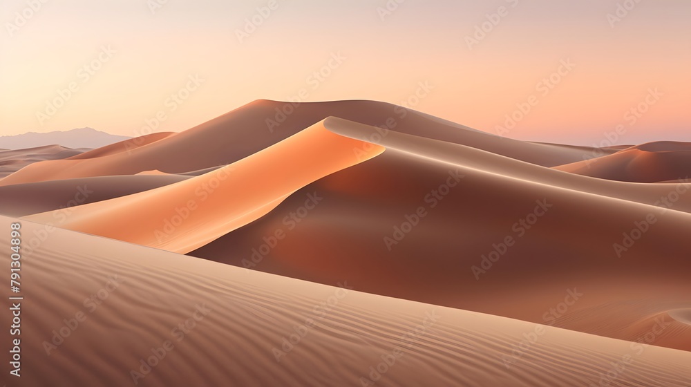 Desert sand dunes panorama at sunset. Nature background.