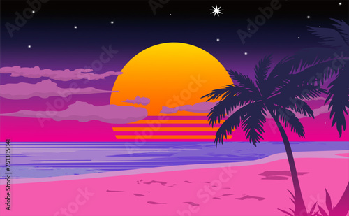 sunset on the beach animated retrowave
